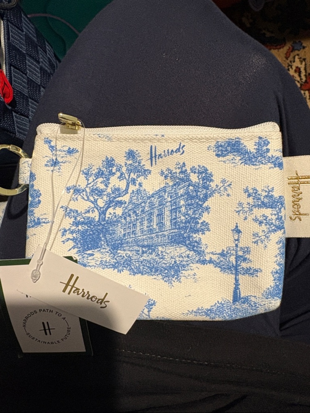 Harrods London Blue and Cream Toile Canvas Coin Pouch